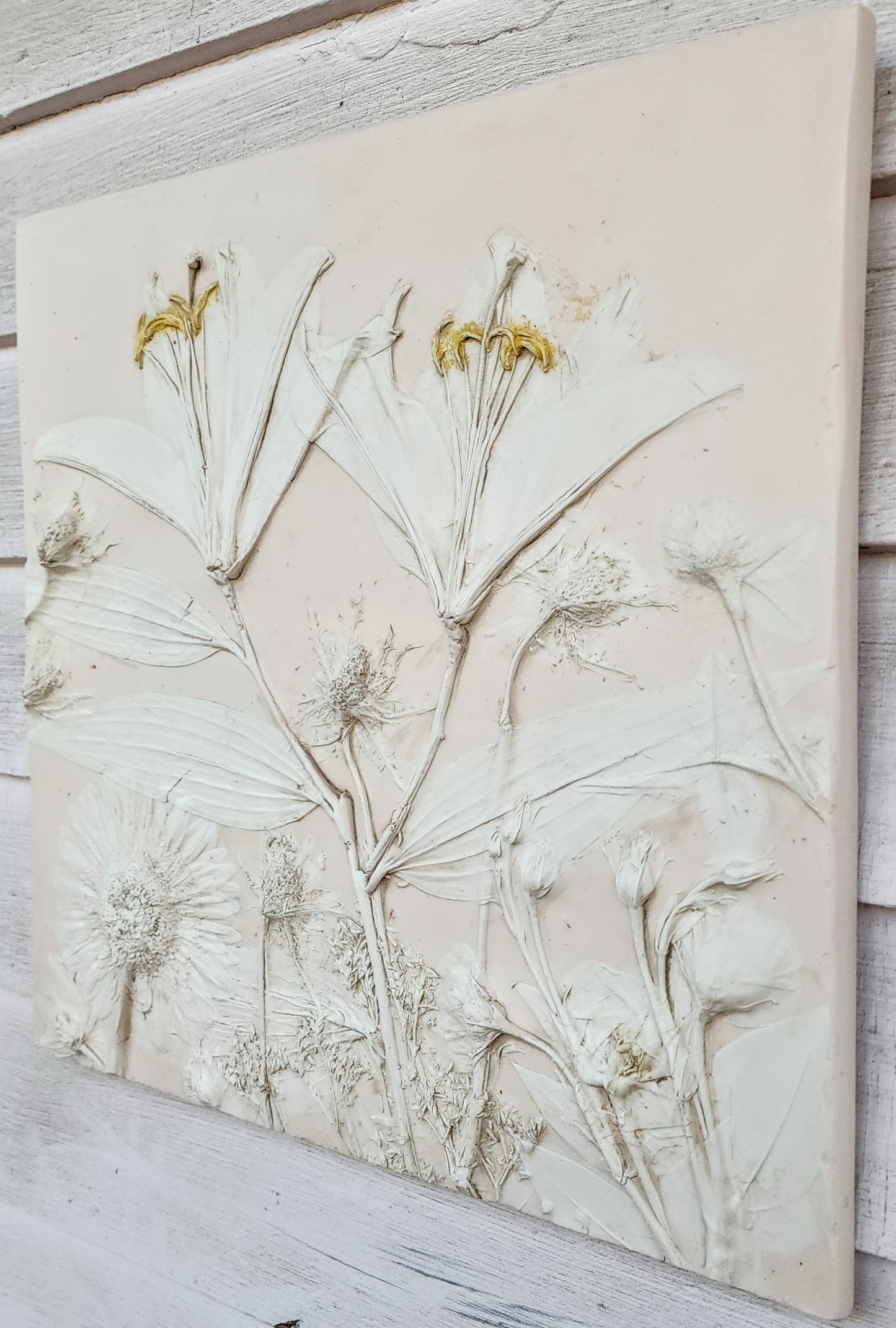 Plaster Botanical Bas Relief Artwork - Lily Dark