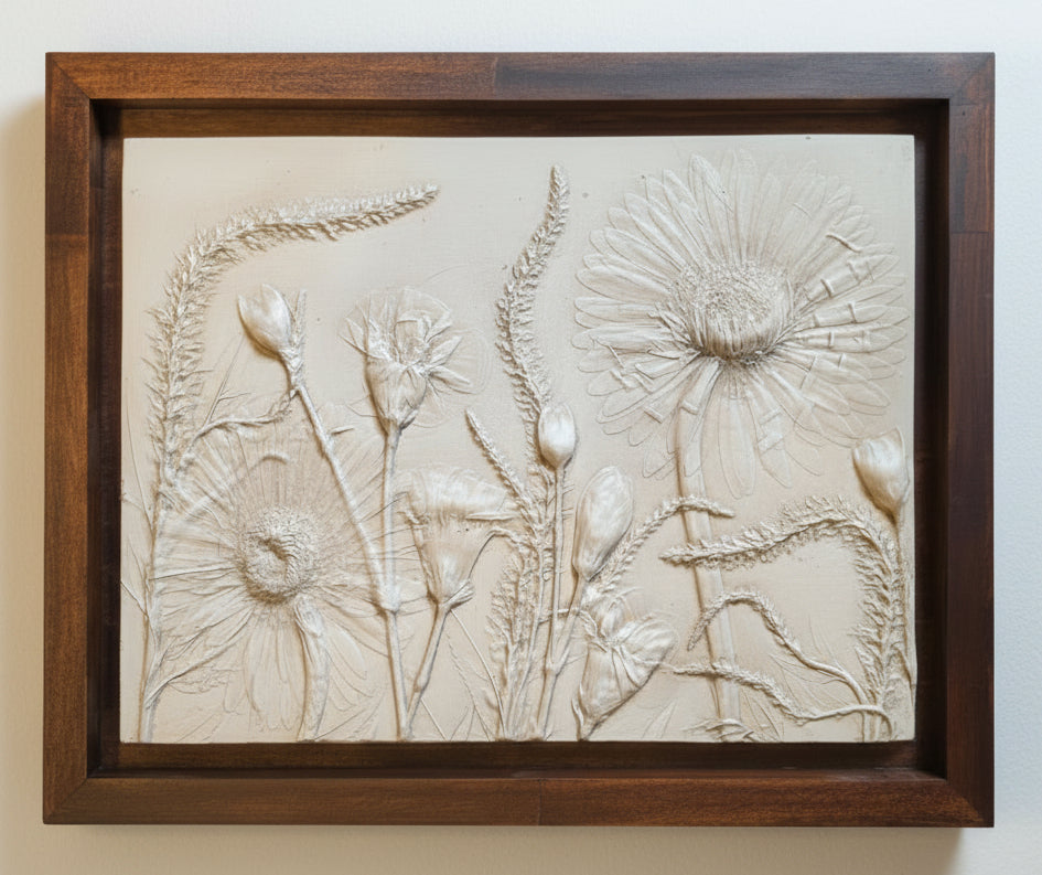 Gerber Daisy, Carnation & Veronica Plaster Botanical Bas Relief Wall Art