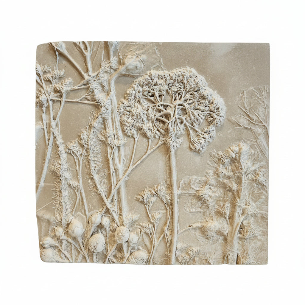 Relief sculpture of floral and branch patterns on a beige background