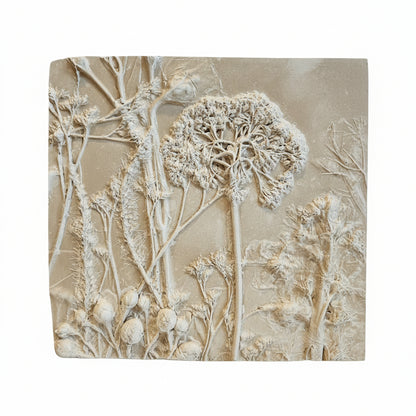 Relief sculpture of floral and branch patterns on a beige background