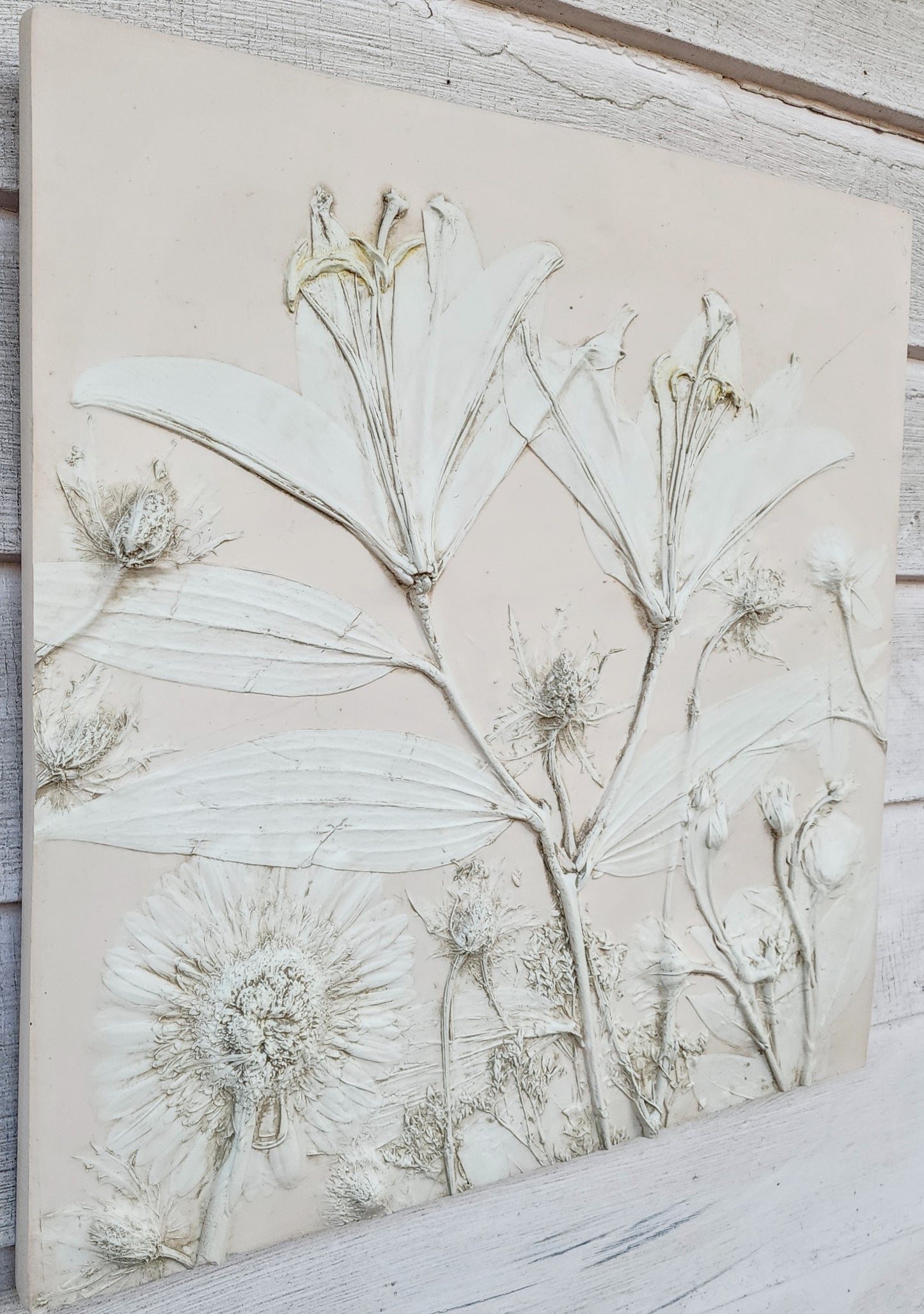 Plaster Botanical Bas Relief Artwork - Lily Light