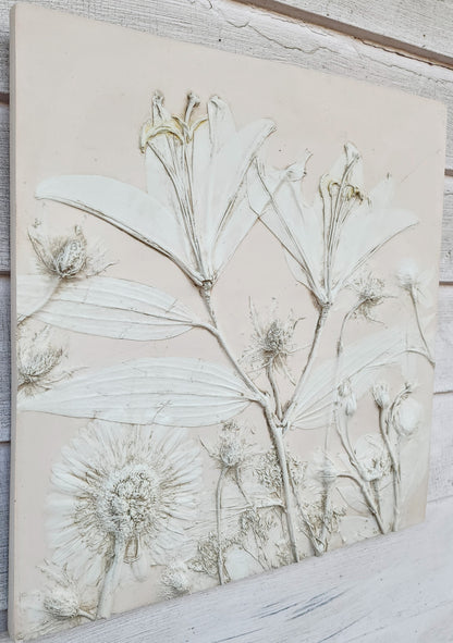 Plaster Botanical Bas Relief Artwork - Lily Light