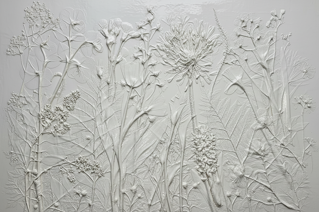 White plaster bas relief of garden plants in a gloss finish