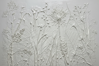 White plaster bas relief of garden plants in a gloss finish